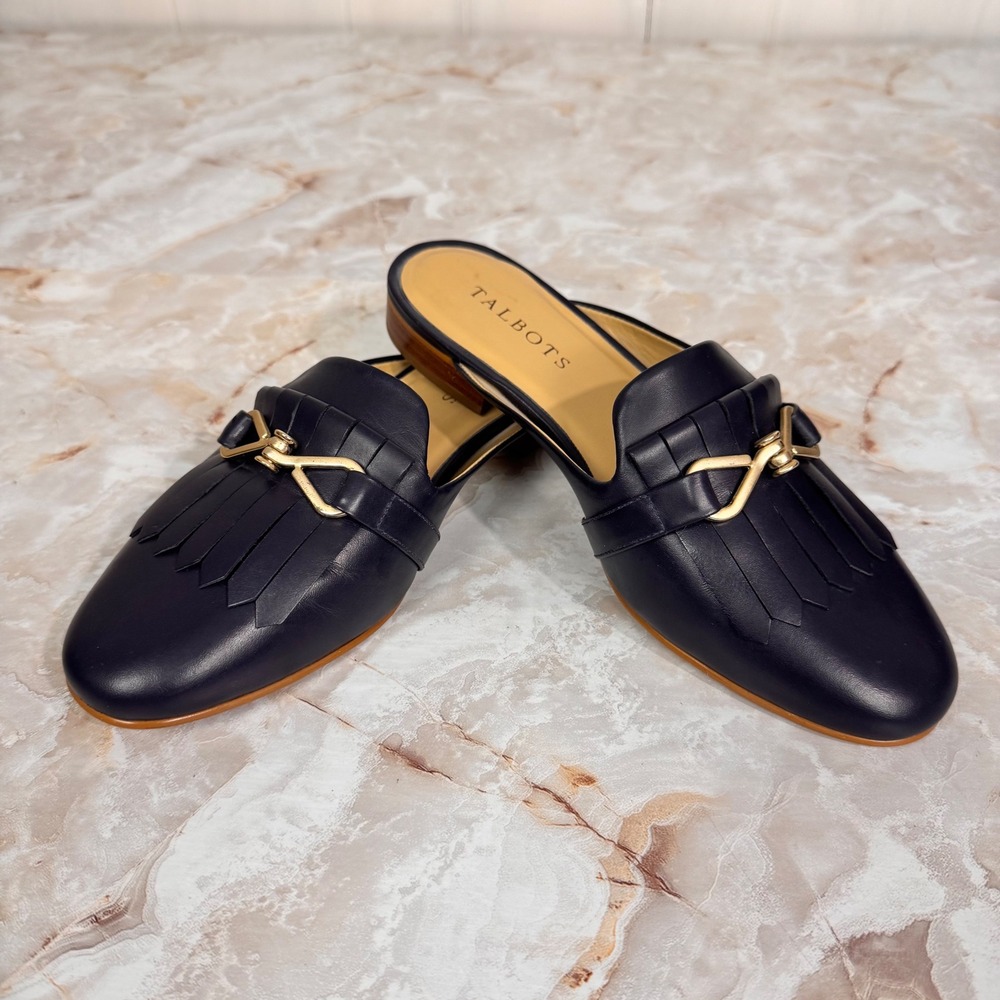 Talbots Kiltie Fringe Mules Women 7M Navy Blue Leather Slip On Classic Loafer